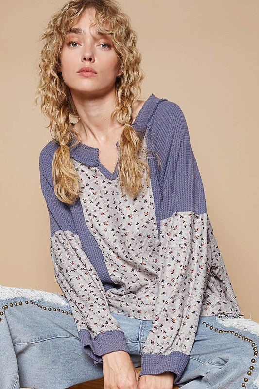 POL Waffle Knit Floral Notched Long Sleeve Top - Get Stylish