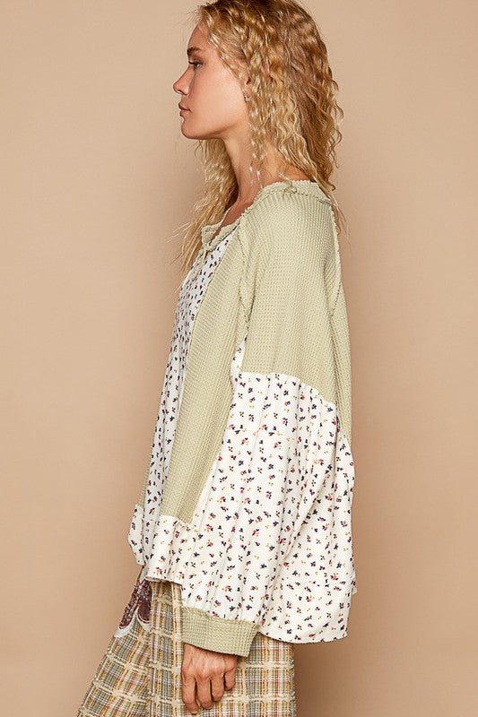 POL Waffle Knit Floral Notched Long Sleeve Top - Get Stylish