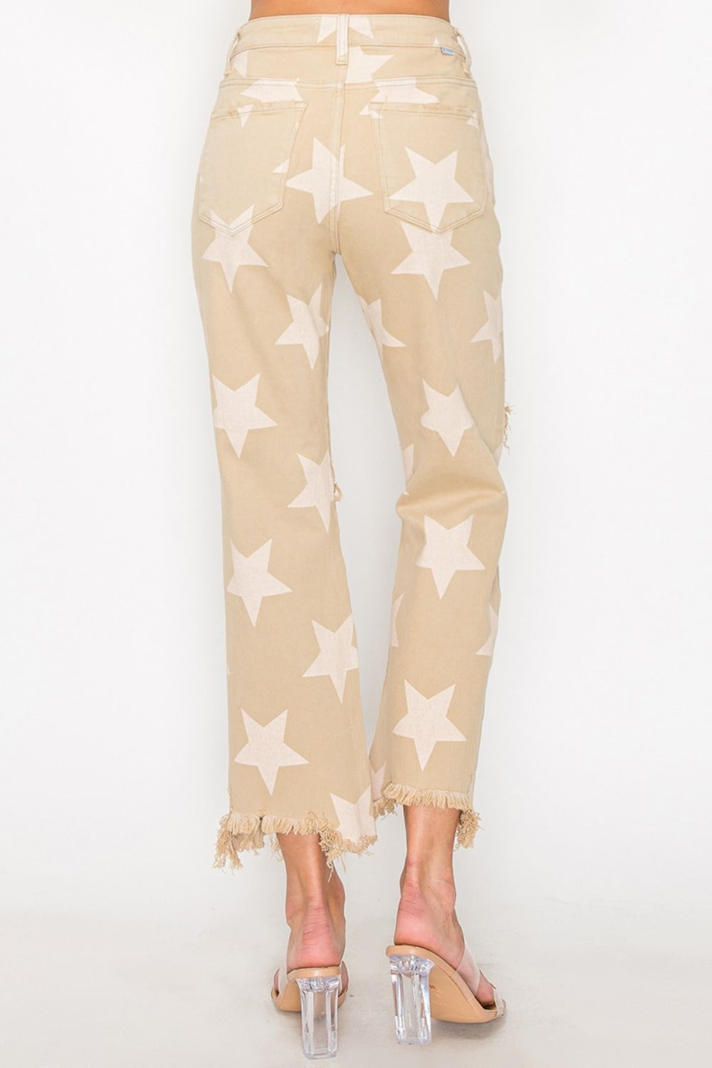 RISEN Full Size High Rise Star Printed Frayed Hem Jeans - Get Stylish