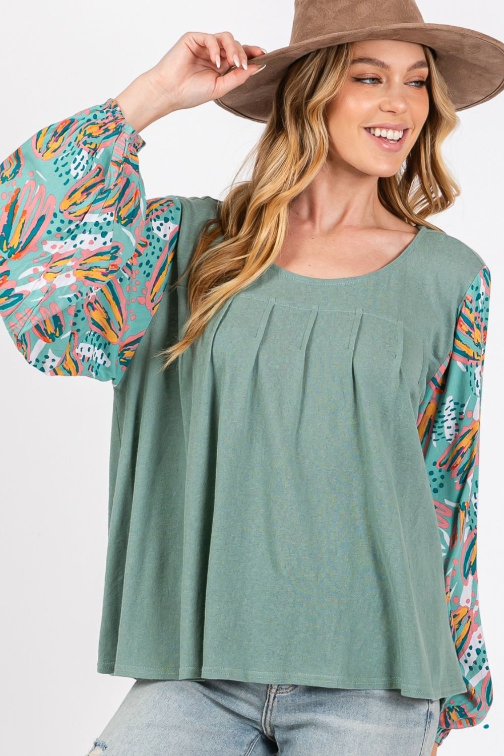 SAGE + FIG Ruched Round Neck Printed Bubble Sleeve Top