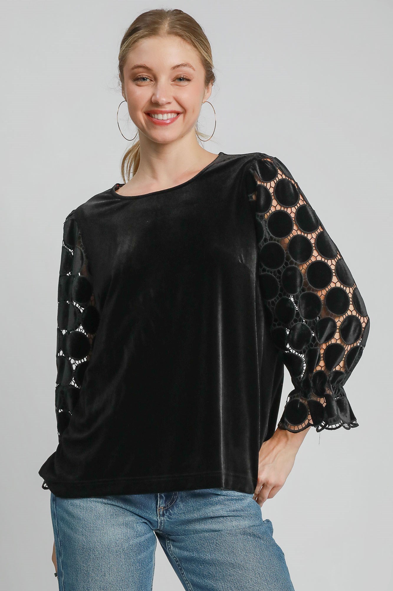 Umgee Polka Dot Lace Long Sleeve Round Neck Blouse - Get Stylish