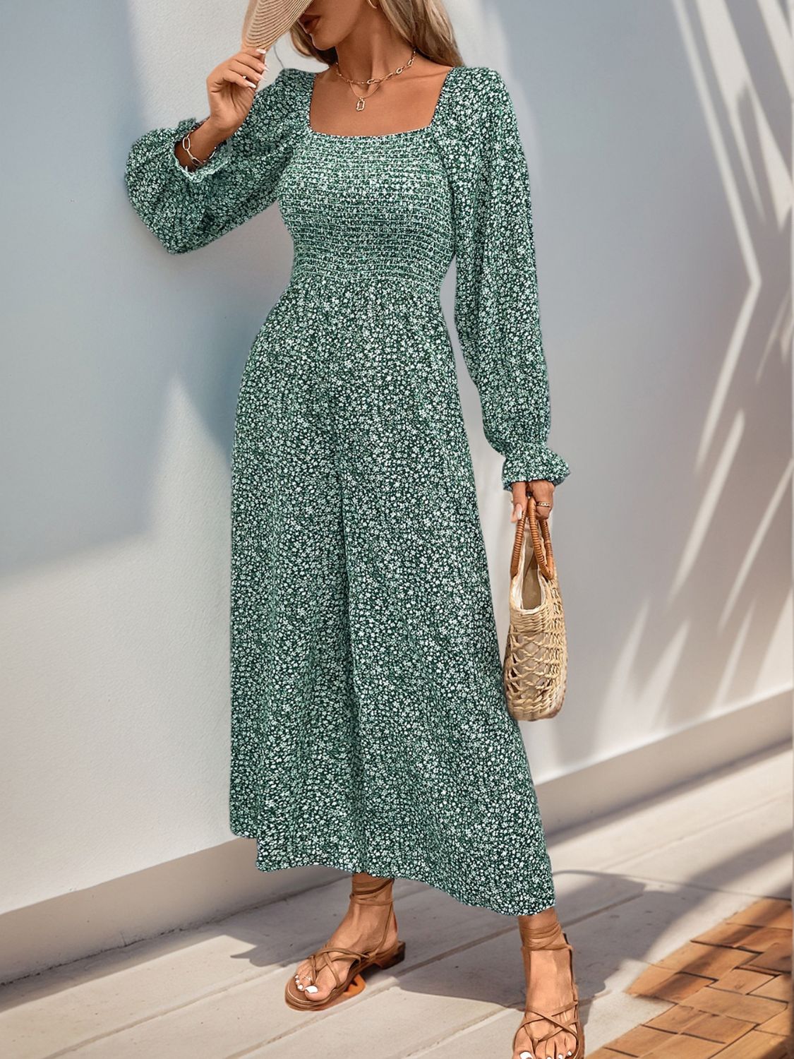 Perfee Smocked Printed Long Sleeve Wide Leg Jumpsuit - Get Stylish