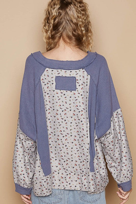 POL Waffle Knit Floral Notched Long Sleeve Top - Get Stylish