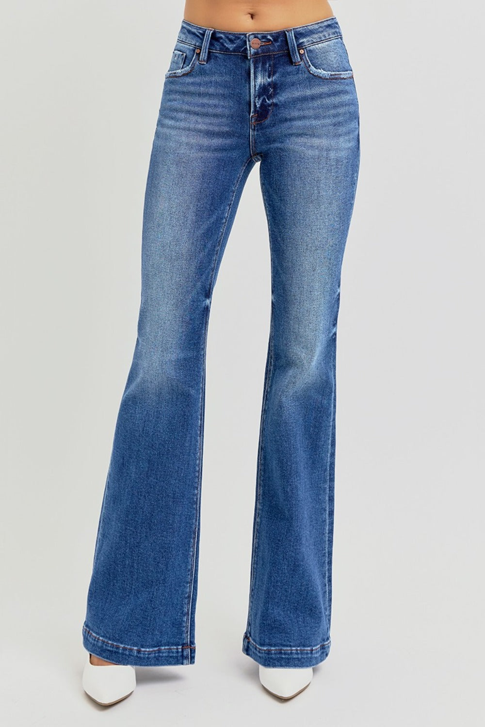 RISEN Full Size Low Rise Flare Jeans with Pockets - Get Stylish