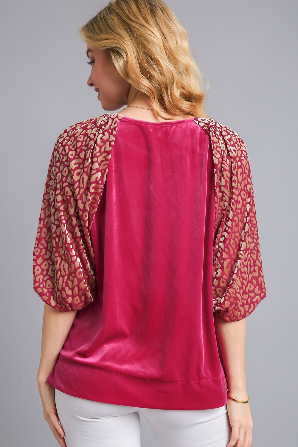 Umgee Round Neck Leopard Balloon Sleeve Velvet Top - Get Stylish