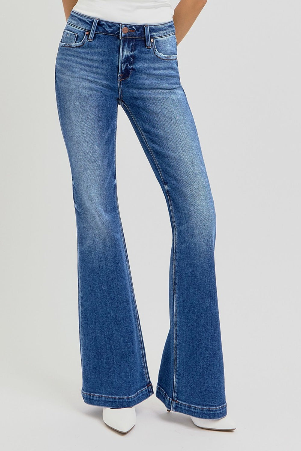 RISEN Full Size Low Rise Flare Jeans with Pockets - Get Stylish