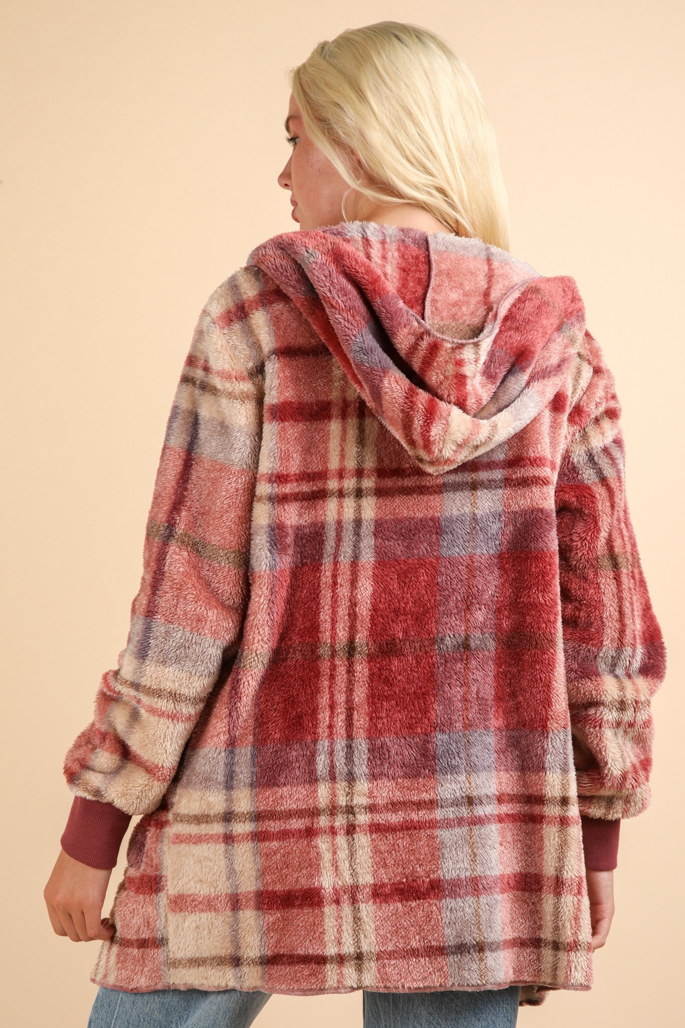 VERY J Fuzzy Plaid Long Sleeve Hooded Jacket - Get Stylish