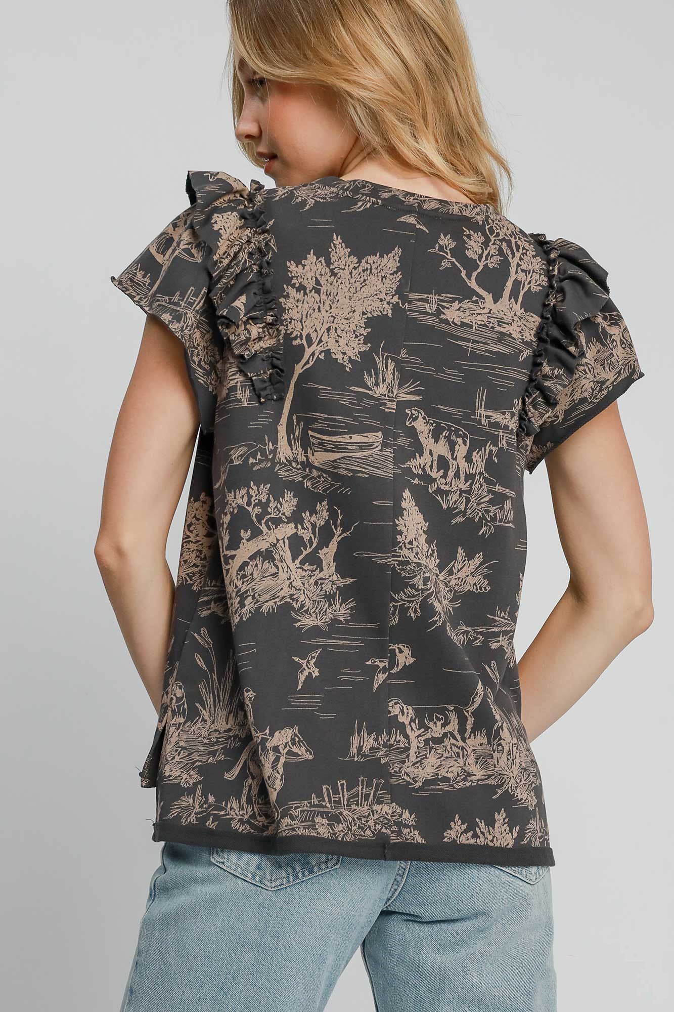 Umgee Ruffled Landscape Print Short Sleeve French Terry Top - Get Stylish