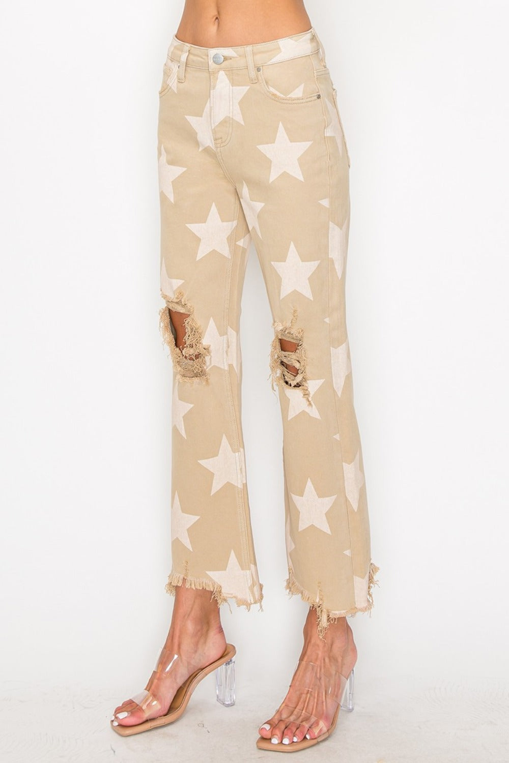 RISEN Full Size High Rise Star Printed Frayed Hem Jeans - Get Stylish