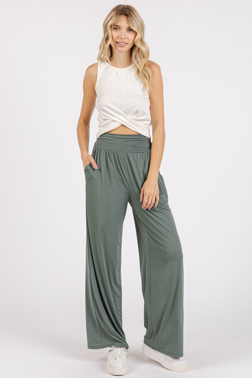 Mittoshop Stretch Banded Waist Wide Leg Pants with Pockets - Get Stylish