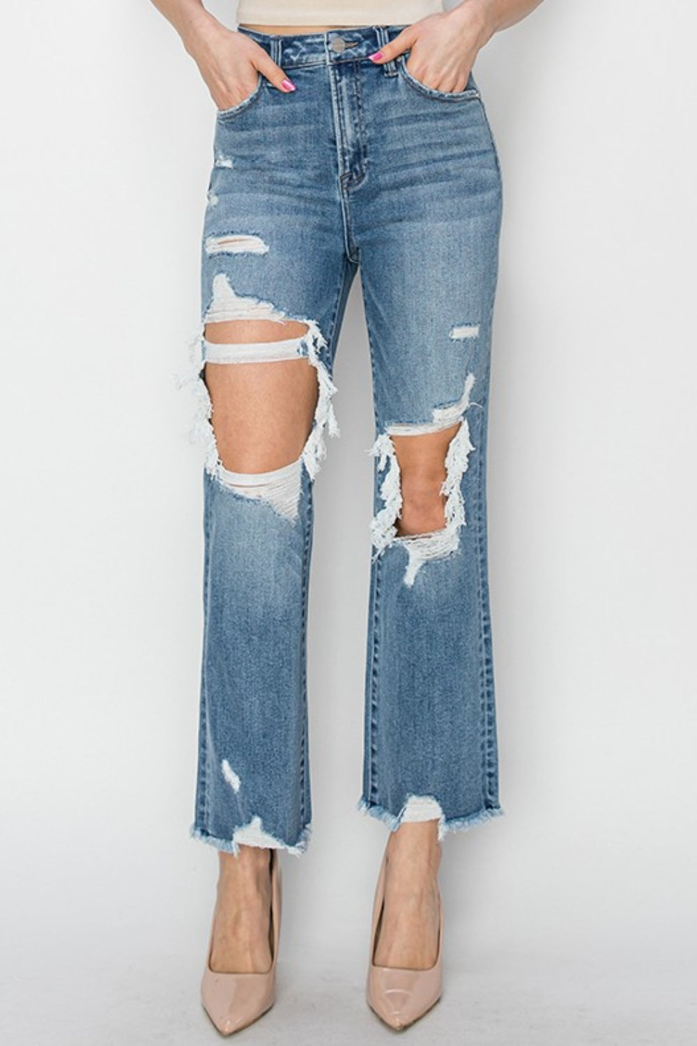 RISEN High Rise Distressed Crop Straight Jeans