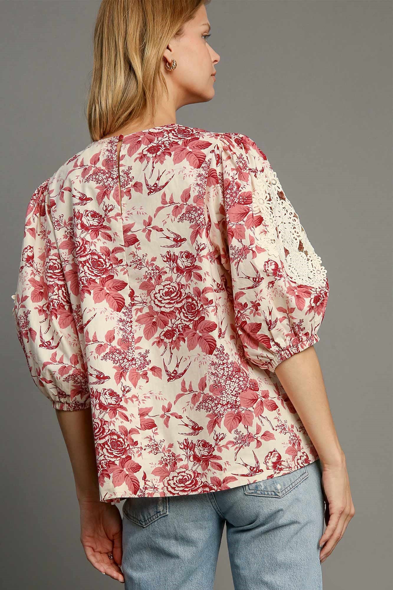 Umgee Floral Pleated Detail Lace Trim Sleeve Blouse - Get Stylish