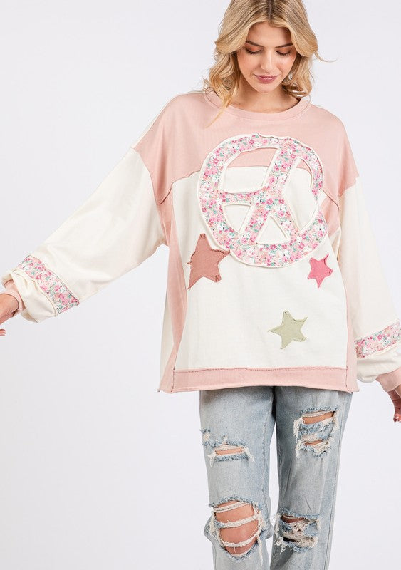 SAGE + FIG Peace & Star Patch Contrast Round Neck Sweatshirt - Get Stylish