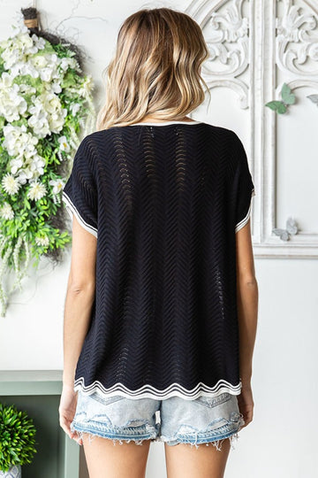 First Love Full Size Contrast Wavy Crochet Drop Shoulder Knit Top