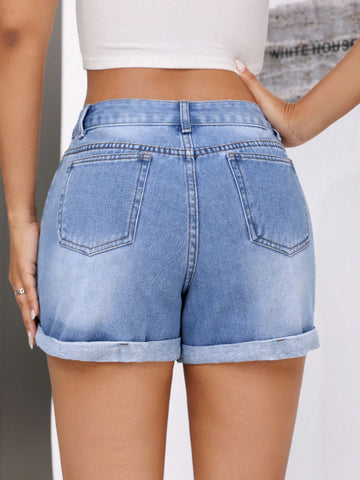 Rolled Hem Mid-Rise Waist Denim Shorts