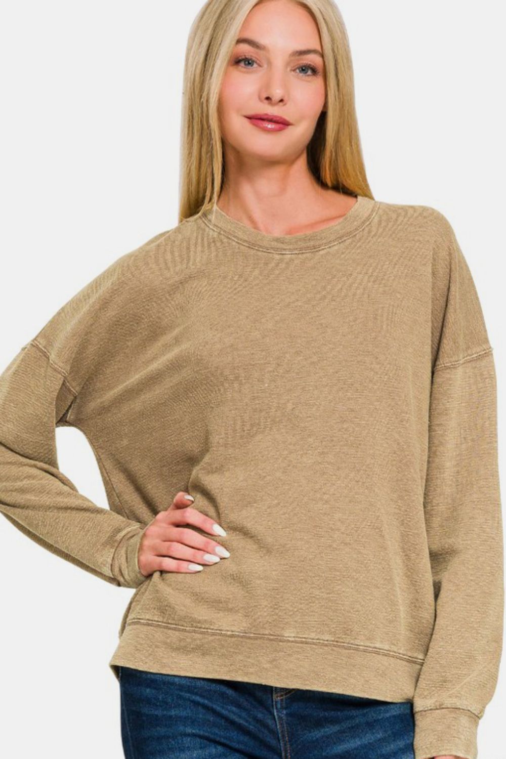 Zenana Washed Round Neck Dropped Shoulder Sweatshirt - Get Stylish