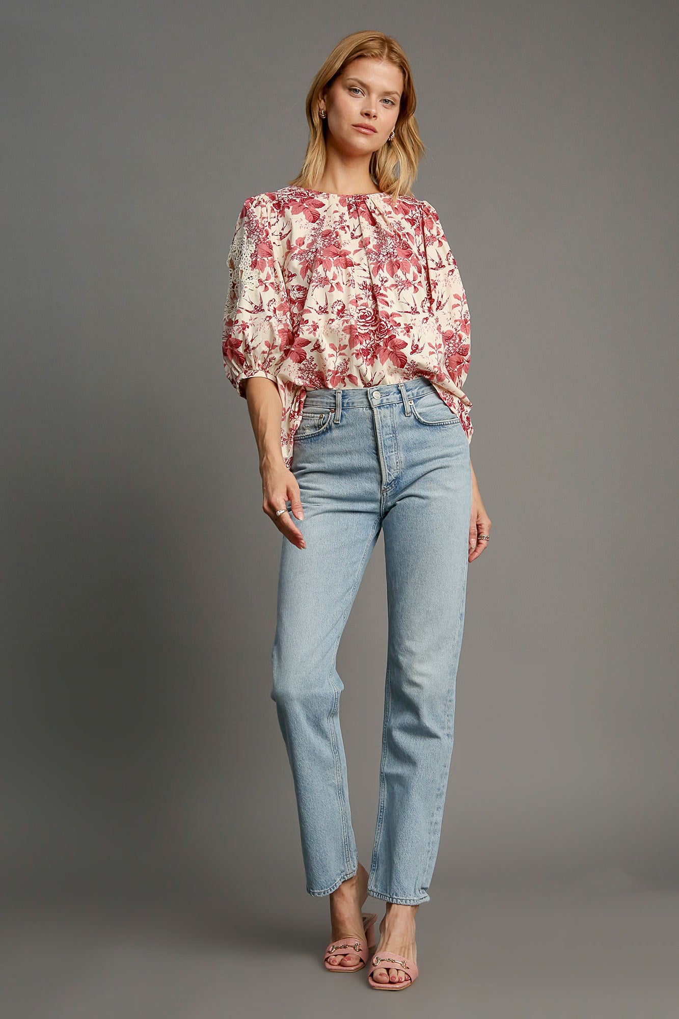 Umgee Floral Pleated Detail Lace Trim Sleeve Blouse - Get Stylish