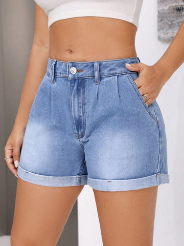 Rolled Hem Mid-Rise Waist Denim Shorts