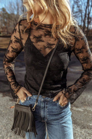 Lace Round Neck Long Sleeve Blouse