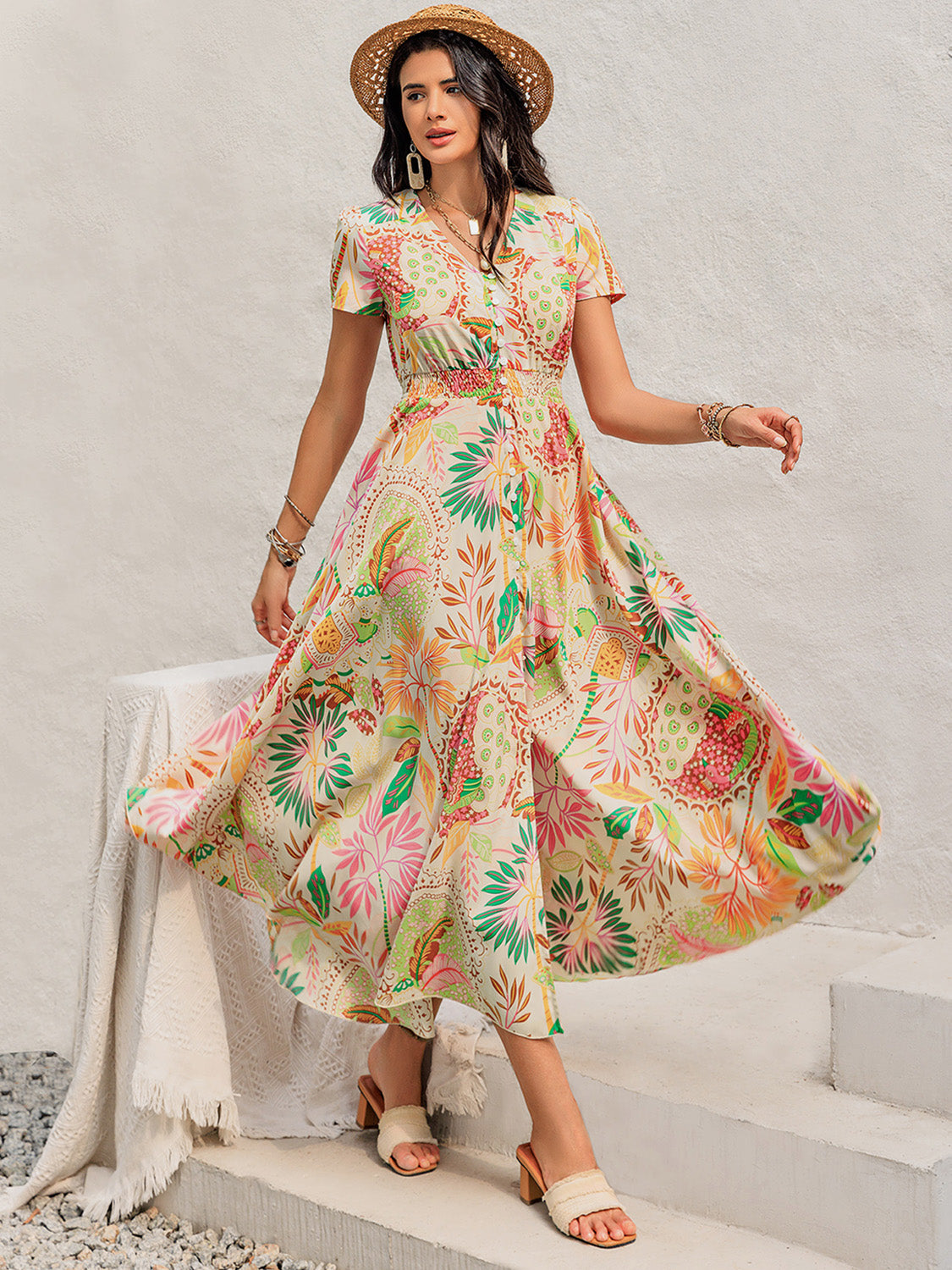 Printed V-Neck Short Sleeve Midi Dress