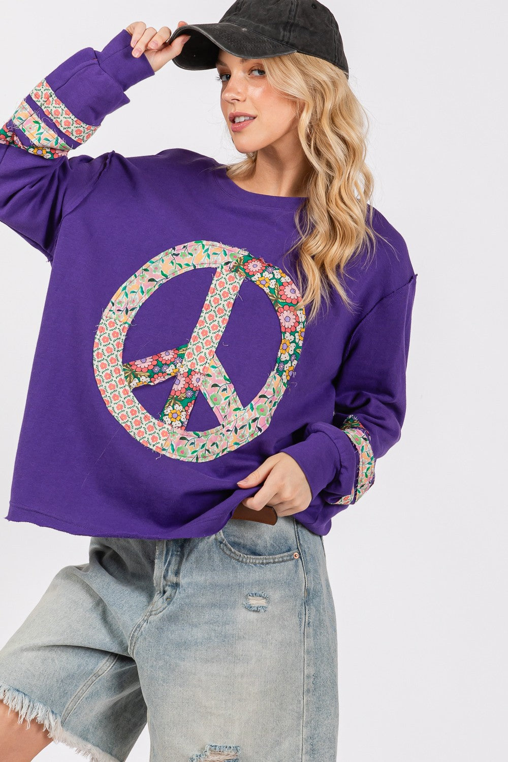 SAGE+FIG Peace Applique Patch Long Sleeve Top - Get Stylish