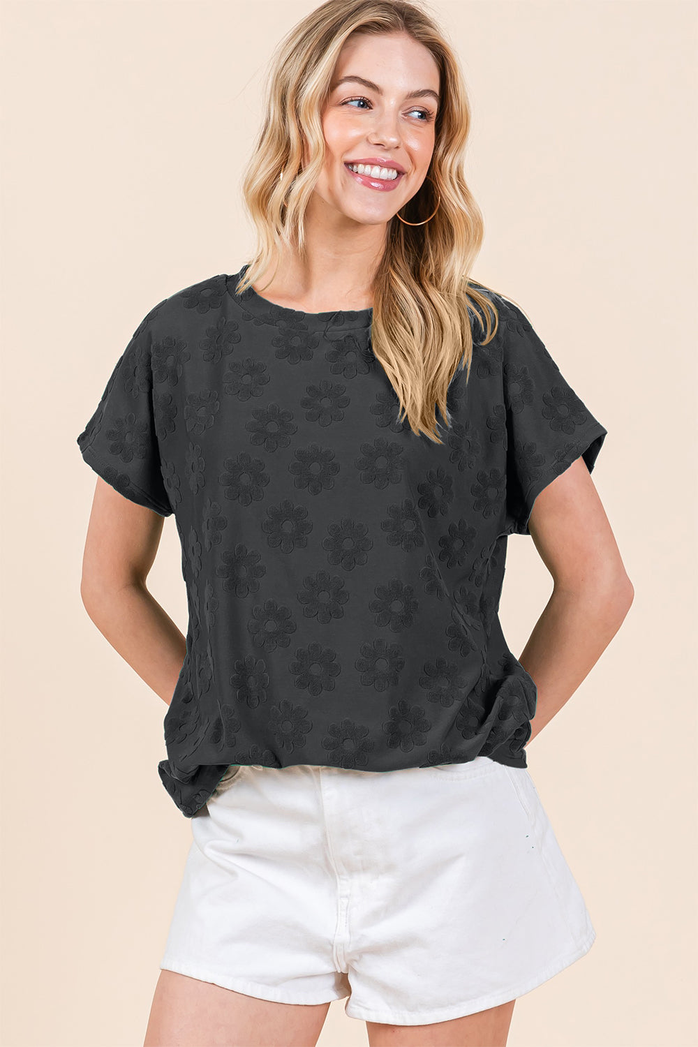 Textured Floral Pattern Short Sleeve T-Shirt