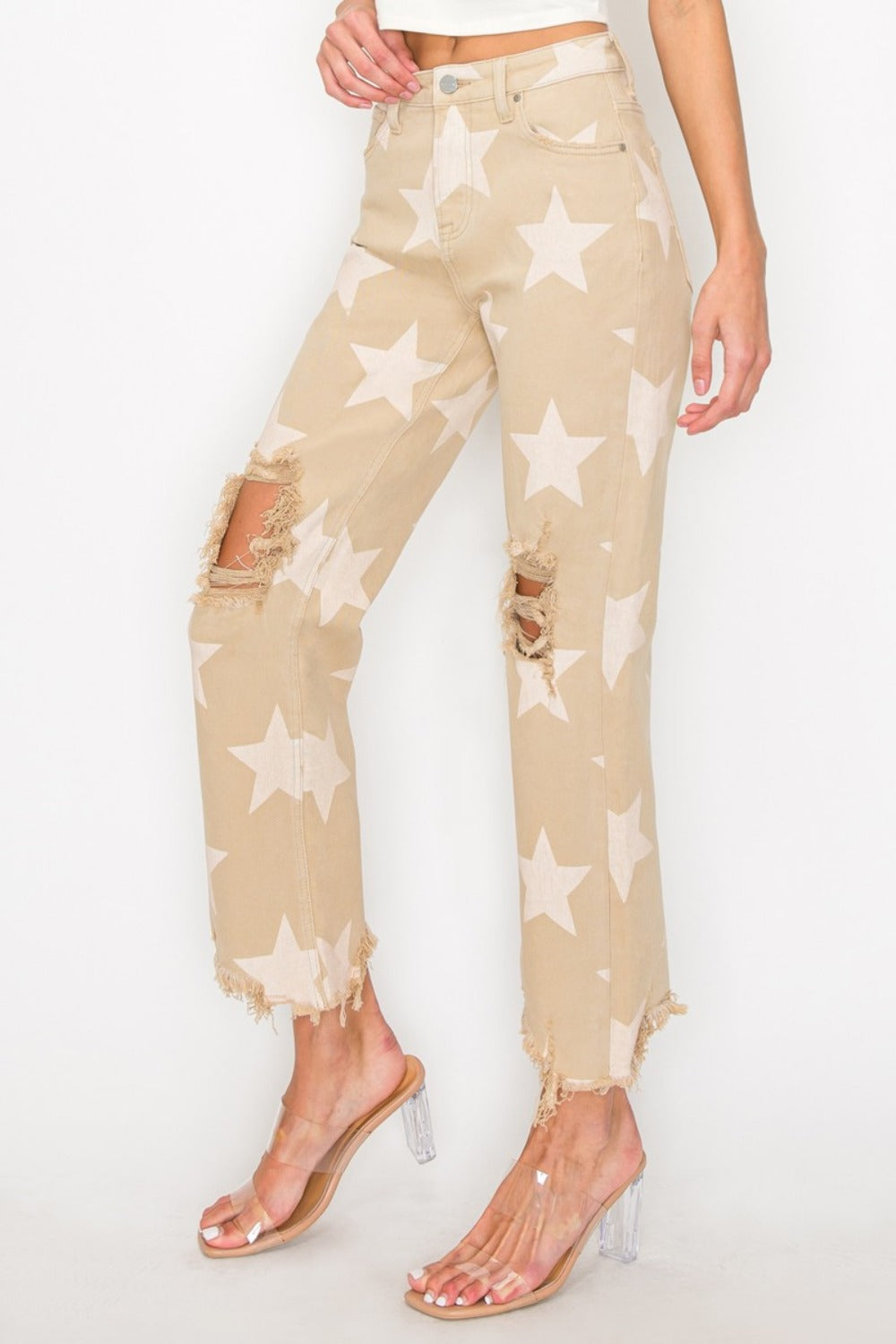 RISEN Full Size High Rise Star Printed Frayed Hem Jeans - Get Stylish