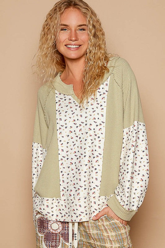 POL Waffle Knit Floral Notched Long Sleeve Top - Get Stylish