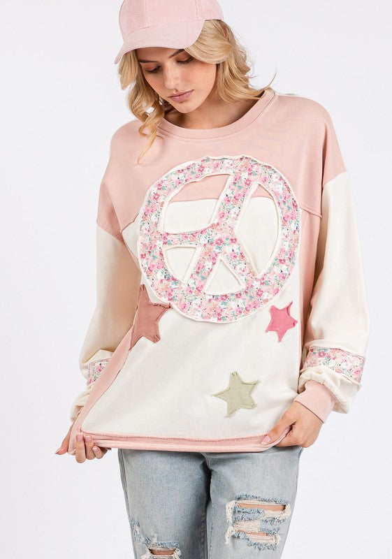 SAGE + FIG Peace & Star Patch Contrast Round Neck Sweatshirt - Get Stylish