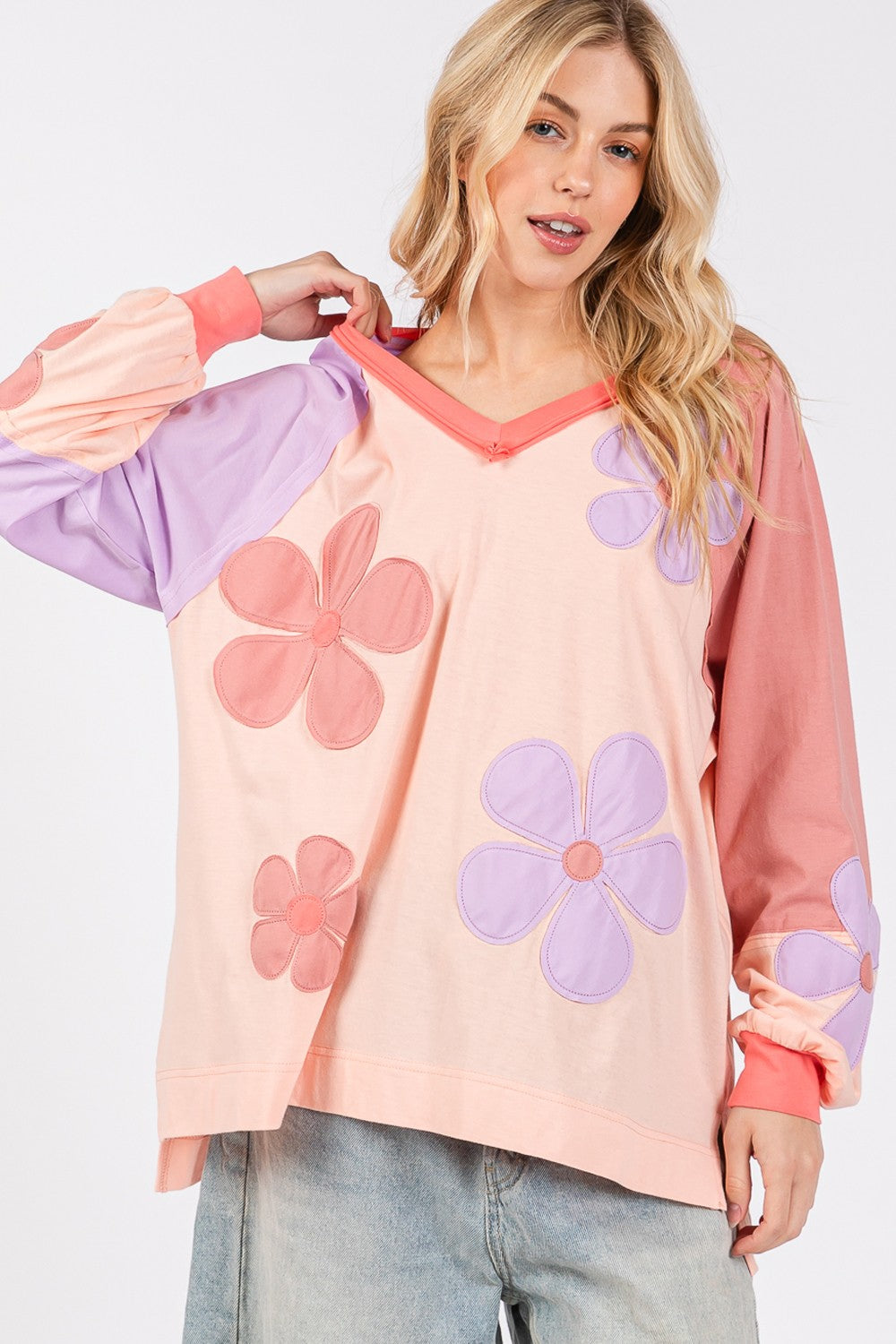 SAGE + FIG Full Size Daisy Applique Patch Color Block Long Sleeve Top - Get Stylish