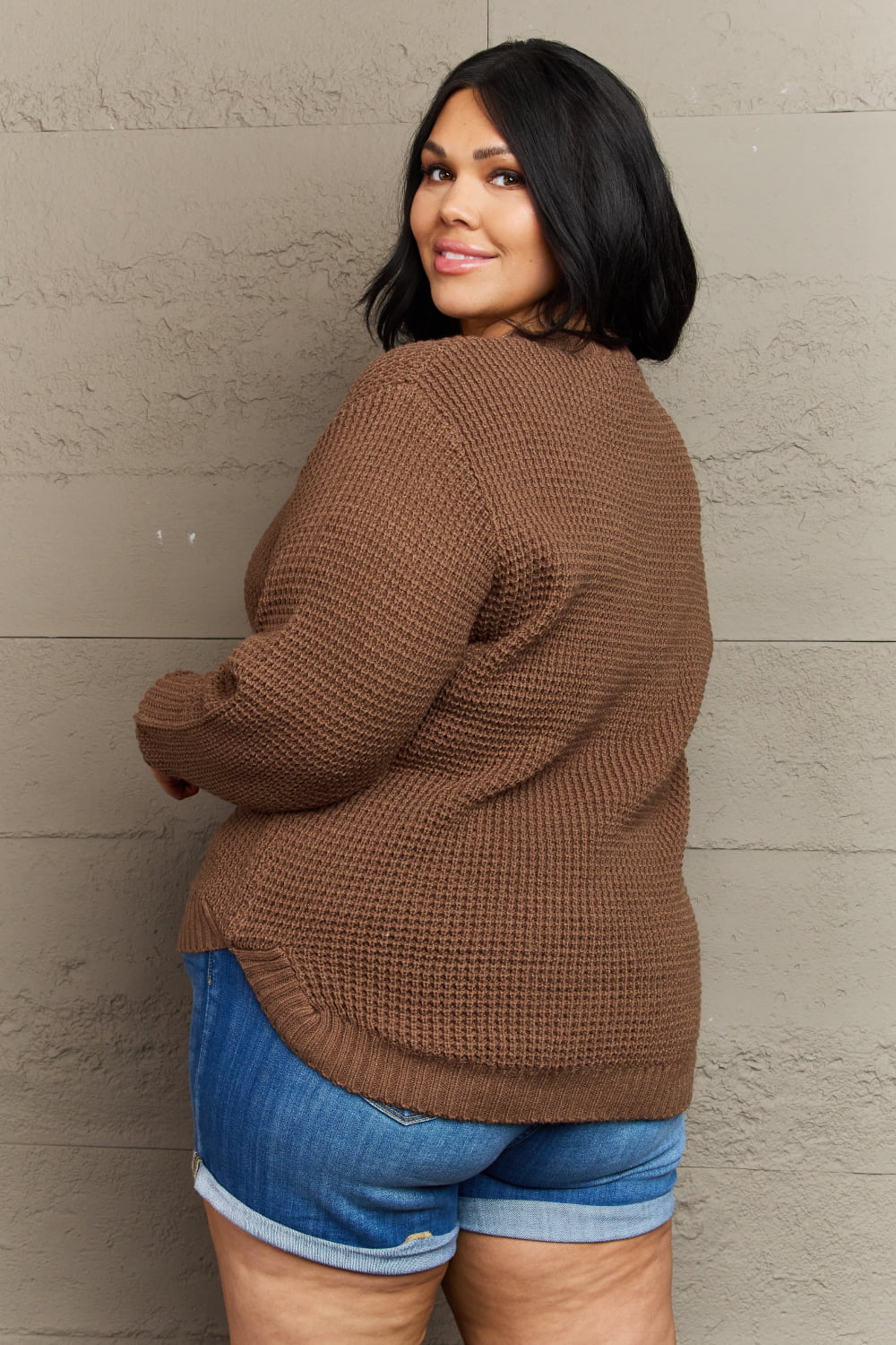 Zenana Breezy Days Plus Size High Low Waffle Knit Sweater - Get Stylish