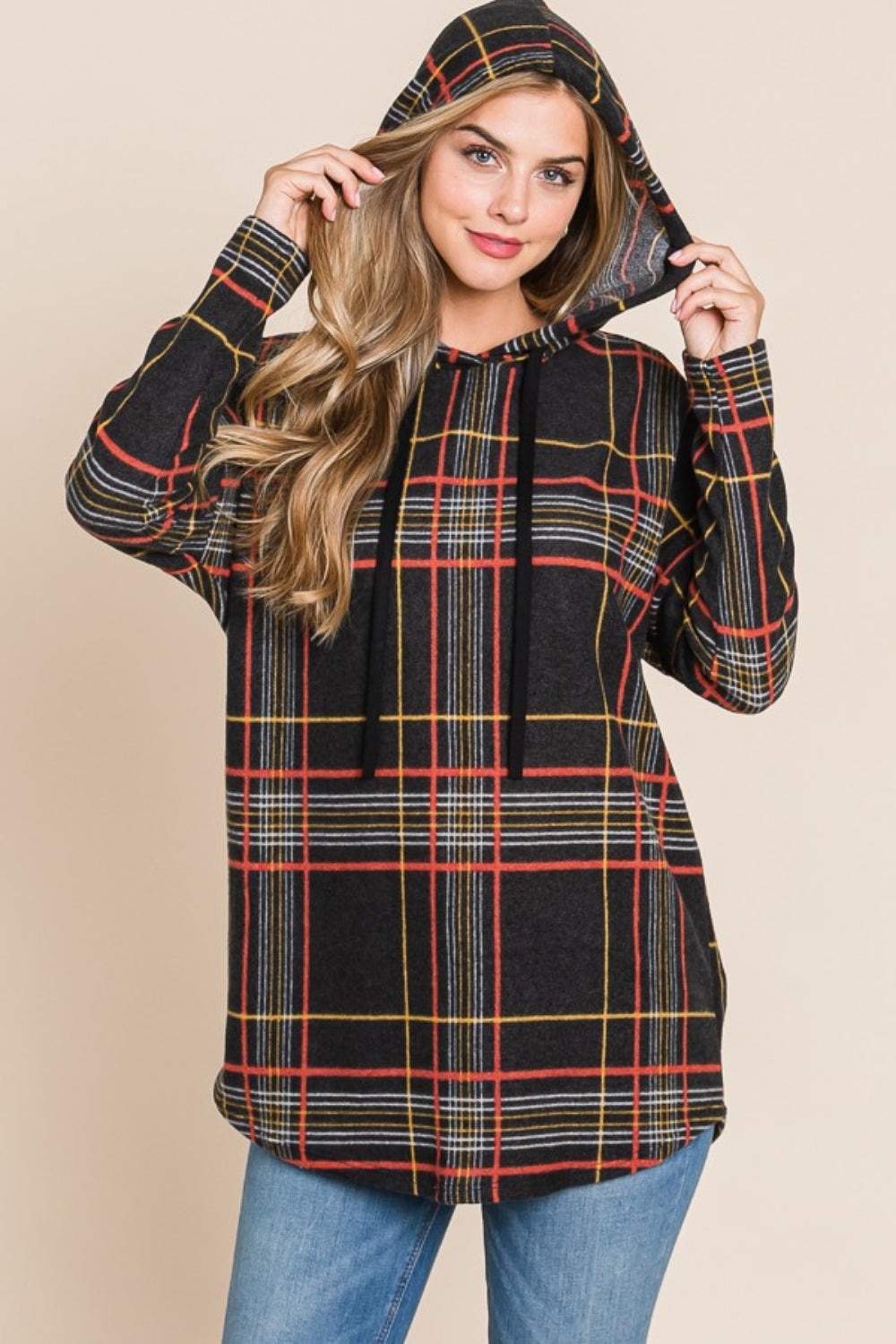 Drawstring Plaid Long Sleeve Hoodie